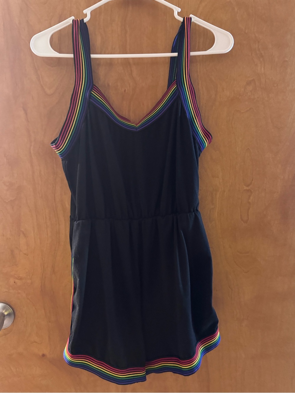SHEIN Black Tank Romper with Rainbow Stripe Detail